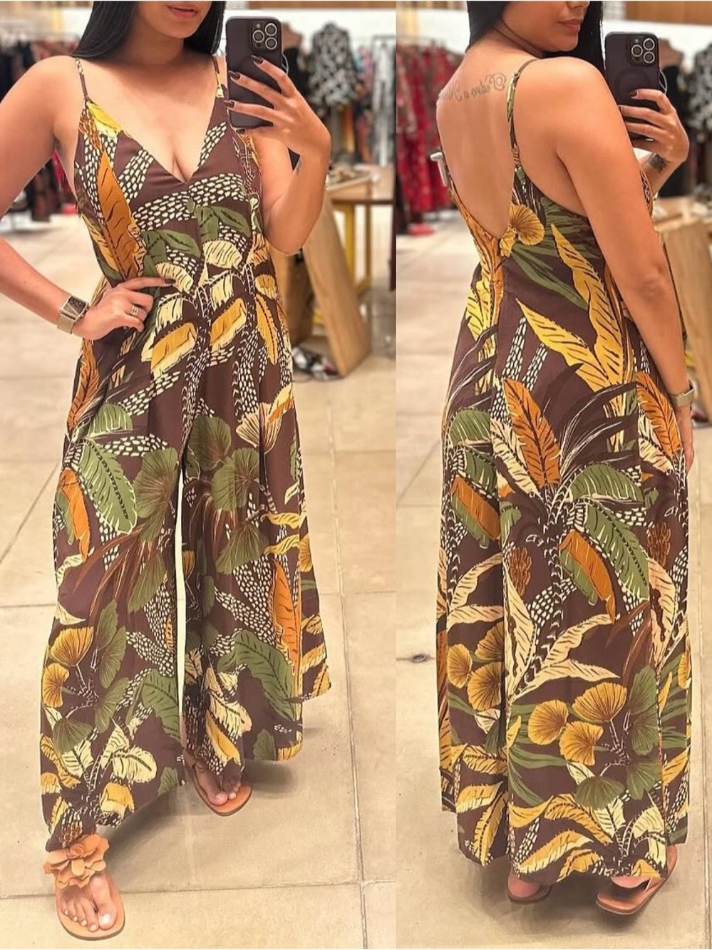 FARM Rio Brown, Green & Yellow Wide-Leg Jumpsuit Size M - Picture 2 of 4